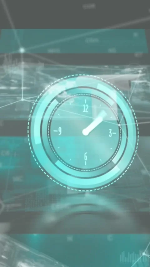 Animation of clock moving fast over network of connections with glowing spots Stock Footage 343738489