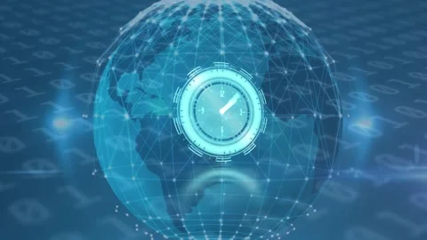 Animation of clock moving over binary code, connections and globe on navy Stock Footage 329288453
