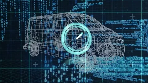 Animation of clock moving over car project and data processing Stock Footage 317113753