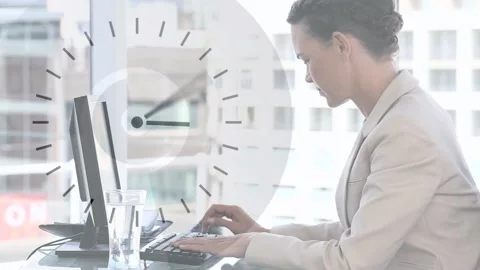 Animation of clock moving over caucasian businesswoman using computer Stock Footage 171267831