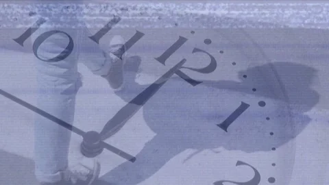Animation of clock moving over caucasian man walking Video stock 327847017