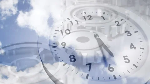 Animation of clock moving over clock mechanism and clouds Video stock 316217889