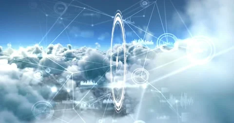 Animation of clock moving over connections over clouds and sky Video stock 192379179