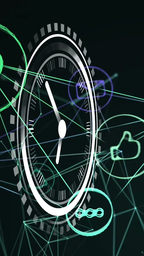 Animation of clock moving over connections with social media icons on black Stock Footage 342594041