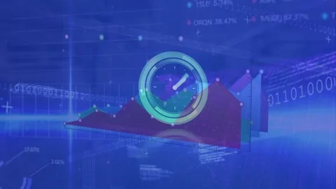 Animation of clock moving over data processing and world map on blue background Stock Footage 328934010