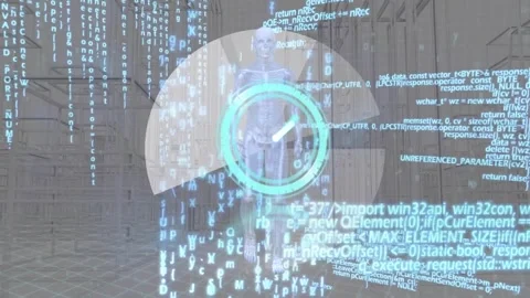 Animation of clock moving over data processing, metaverse city and human model Stock Footage 329966958