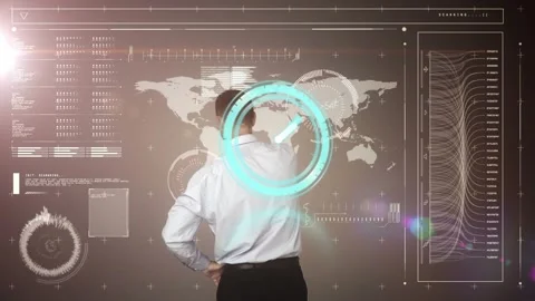 Animation of clock moving over data on brown background and back of caucasian Video stock 330057809