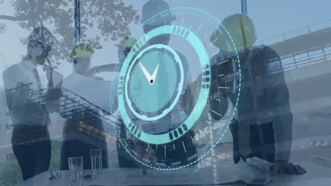 Animation of clock moving over diverse engineers with plan and construction site Stock Footage 329126338