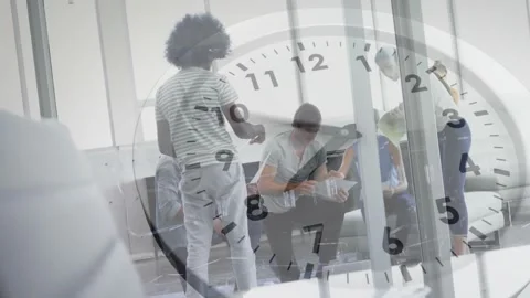 Animation of clock moving over diverse colleagues discussing work Stock Footage 329859449