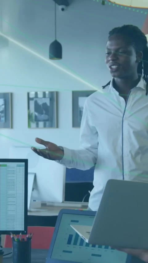 Animation of clock moving over diverse business people in office Stock Footage 343828332