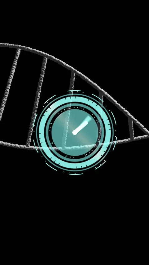Animation of clock moving over dna strand on black background Stock Footage 342704626