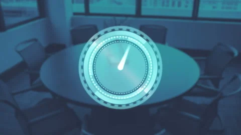 Animation of clock moving over empty office Stock Footage 308993115