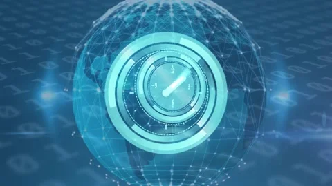 Animation of clock moving over globe, connections and binary code on blue Video stock 330334893