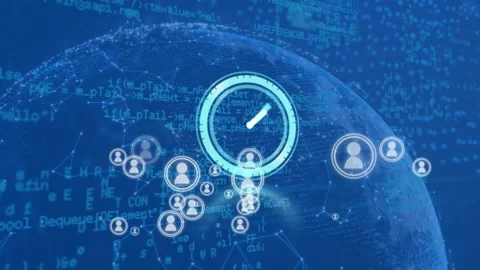 Animation of clock moving over globe, icons and data processing on blue Stock Footage 330583301