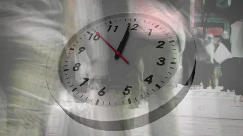 Animation of clock moving over people walking in city Stock Footage 310436605