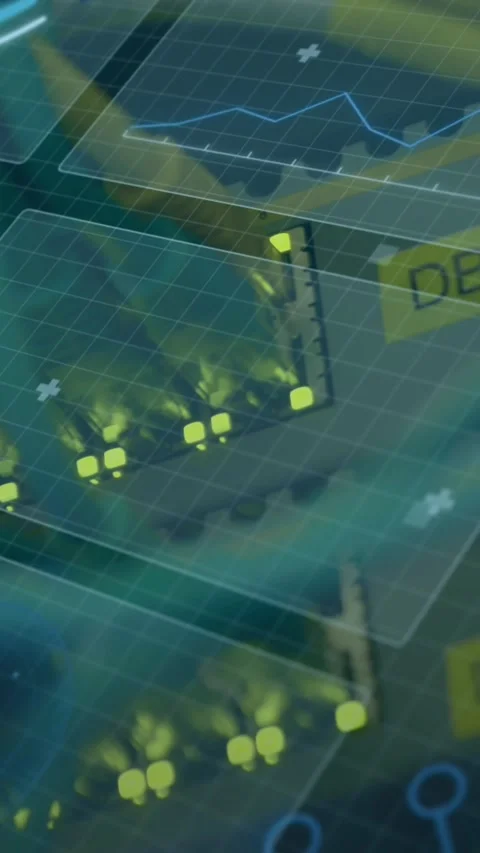 Animation of clock moving over screen with diverse data Stock Footage 344782999