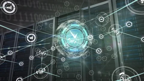 Animation of clock, network of connections with icons over computer servers Stock Footage 326300765