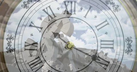 Animation of clock over broken dollar symbols and clouds Stock Footage 260990074