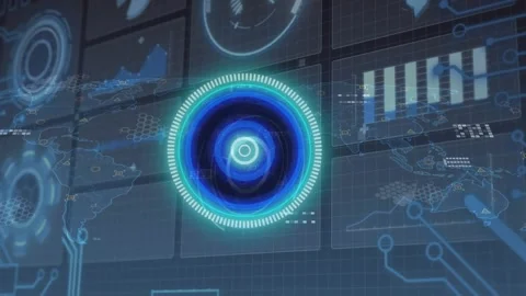 Animation of clock over computer unk text and data processing Stock Footage 327782039