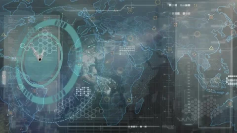 Animation of clock over data processing and world map Stock Footage 330294517