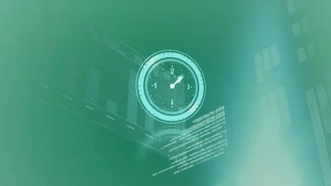 Animation of clock over digital screen with data on green background Stock Footage 326187674