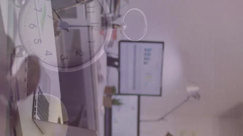 Animation of clock over empty office Stock Footage 207377493