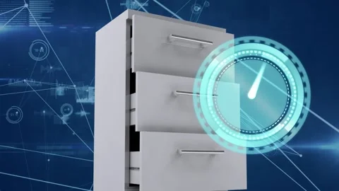 Animation of clock over network of connections with file cabinet Stock Footage 329295675