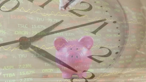 Animation of clock over trading board, caucasian hand dropping coin in piggy Stock Footage 330052450