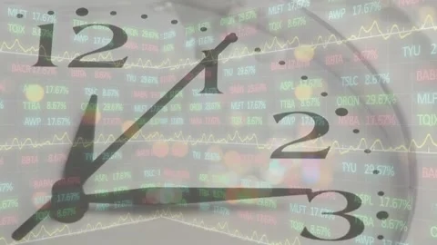 Animation of clock over trading board and abstract pattern against moving Stock Footage 330296990