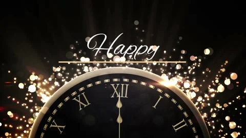 Animation clock with periodic motion, happy new year text over illuminated lens Stock Footage 329295856