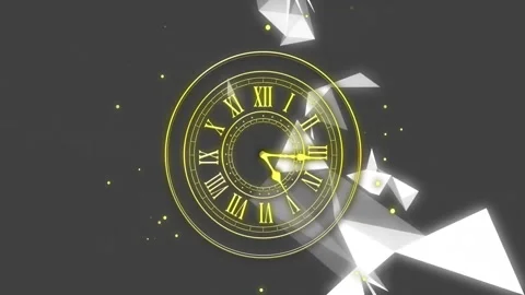 Animation of clock with Roman numerals surrounded by glowing particles and Stock Footage 330255003