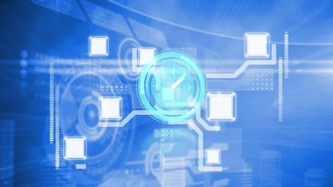 Animation of clock running against hud elements on blue digital interface Stock Footage 327270665