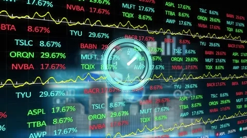 Animation of clock running on financial data on digital interface with buildings Stock Footage 327007491