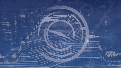 Animation of clock running on financial data moving on digital interface Stock Footage 327960949