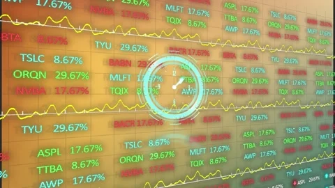 Animation of clock running on financial data moving on digital interface Stock Footage 330174784