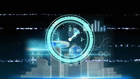 Animation of clock running over building models, graphs, charts on glitch Stock Footage 327273569