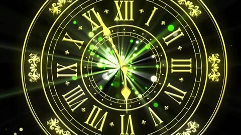Animation of clock showing midnight and fireworks exploding on black background Stock Footage 257074436