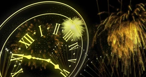 Animation of clock showing midnight and fireworks exploding on black background 库存影片 257074478