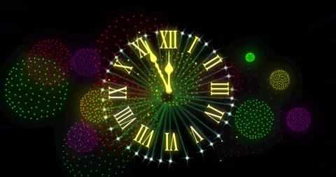 Animation of clock showing midnight and fireworks exploding on black background 库存影片 257074508