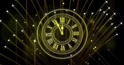 Animation of clock showing midnight and fireworks exploding on black background Stock Footage 257074512