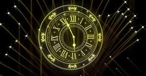 Animation of clock showing midnight and fireworks exploding on black background Stock Footage 257074522