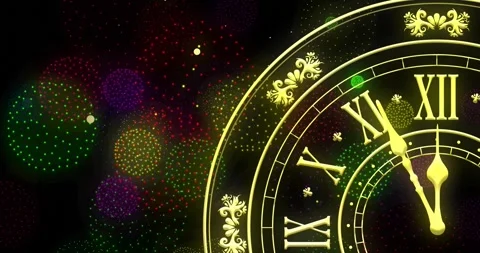 Animation of clock showing midnight and fireworks exploding on black background Stock Footage 257074541