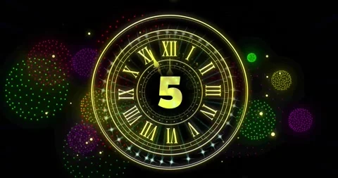 Animation of clock showing midnight and fireworks exploding on black background 库存影片 257074561