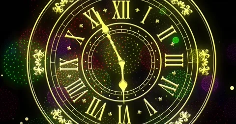 Animation of clock showing midnight and fireworks exploding on black background Stock Footage 257074574