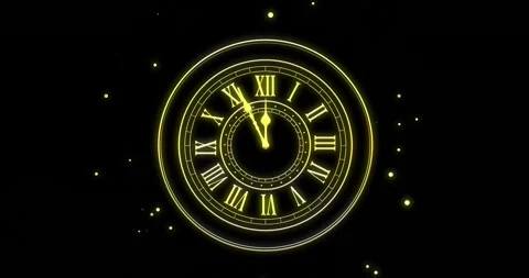 Animation of clock showing midnight and fireworks exploding on black background Stock Footage 257074593