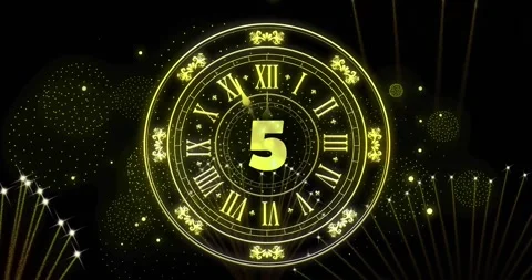 Animation of clock showing midnight and fireworks exploding on black background 库存影片 257074602