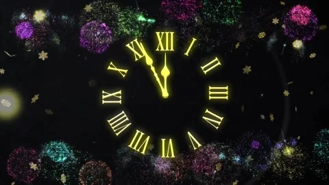 Animation of clock showing midnight and fireworks exploding on black background Stock Footage 257074855