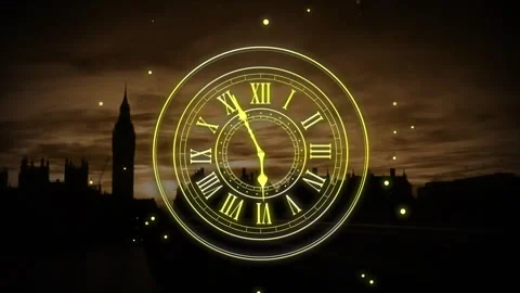 Animation of clock showing midnight and fireworks exploding over cityscape 库存影片 257074858