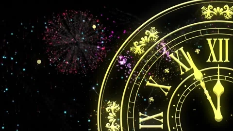 Animation of clock showing midnight and fireworks exploding on black background Stock Footage 257074869