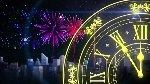 Animation of clock showing midnight and fireworks exploding on black background Stock Footage 257074876